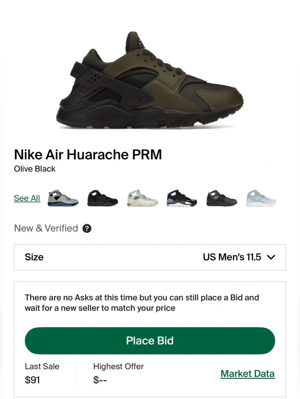Nike Air Huarache PRM ‘Olive Black’ 2022 (Sz 11.5M)